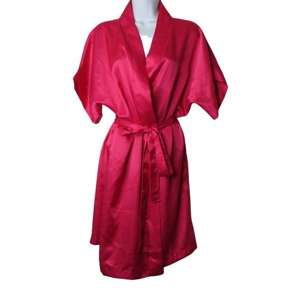 Vintage 80s Night Magic Hot Pink Kimono Robe Medium Knee Length Belted USA Made - Picture 3 of 10